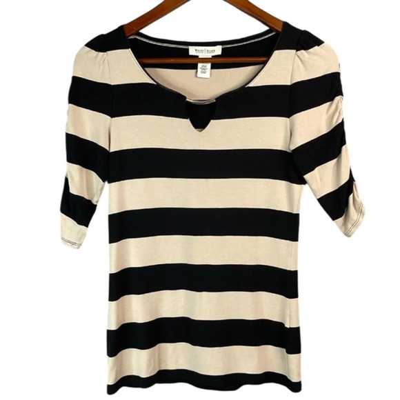 WHITE HOUSE BLACK MARKET Y2K Striped Keyhole Top Black Tan Half Ruched Sleeve XS - Picture 2 of 12